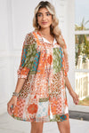 Orange Boho Paisley Mixed Print 3/4 Sleeve Chiffon Loose Dress