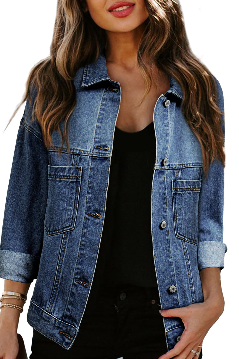 Blue Stripe Washed Oversized Pocketed Denim Jacket