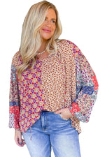 Orange Mixed Floral Patchwork Long Sleeve Tie V Neck Blouse