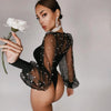 Mesh Patchwork Long Puff Sleeve Sexy Bodysuit