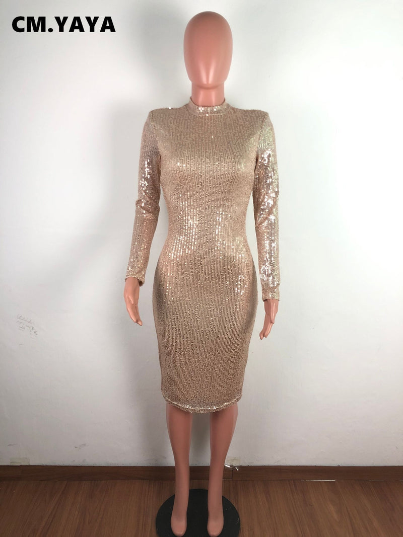  Women’s Sexy Full Sleeve Sequin Bodycon O Neck Dresses