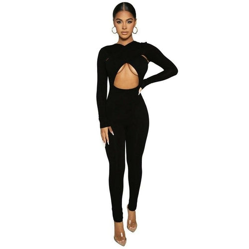 Solid Hollow Out Revealing Long Sleeves Slim Bodycon Jumpsuit