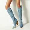 New Denim Western Knee High High Heel Boots