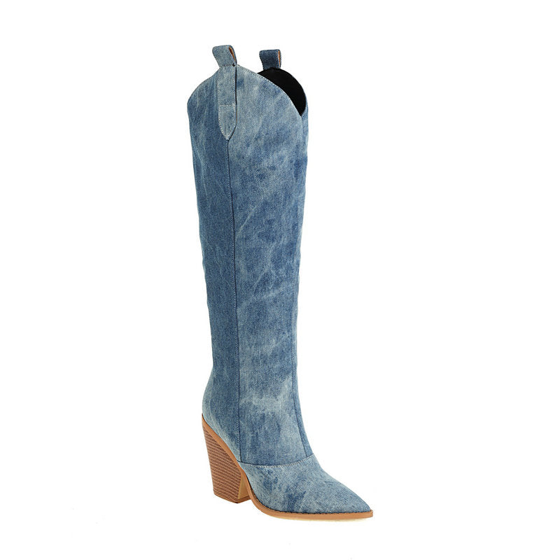 New Denim Western Knee High High Heel Boots