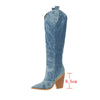 New Denim Western Knee High High Heel Boots