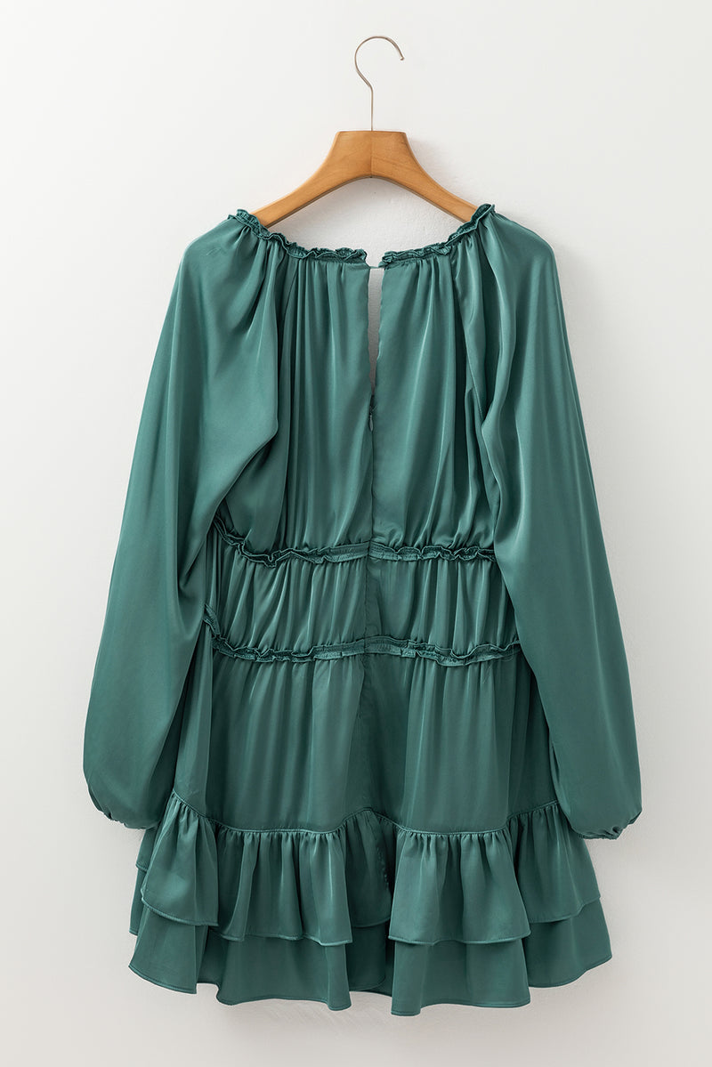 Mist Green Puff Sleeve Loose Fit Tiered Ruffle Mini Dress