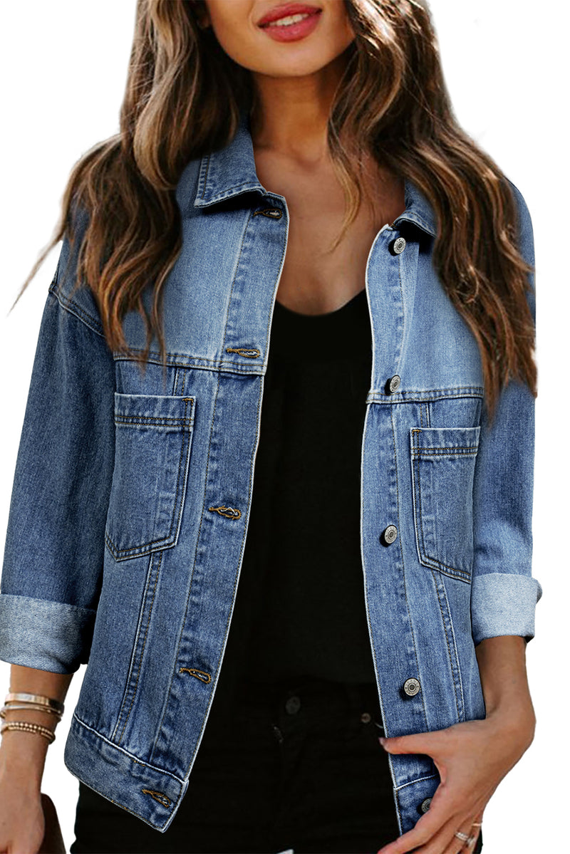 Blue Stripe Washed Oversized Pocketed Denim Jacket