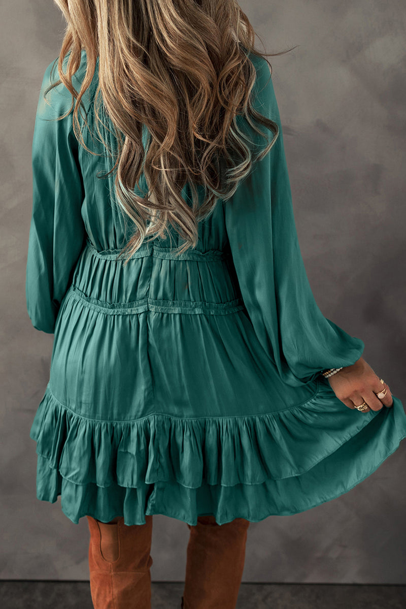 Mist Green Puff Sleeve Loose Fit Tiered Ruffle Mini Dress