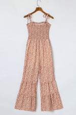 Khaki Floral Spaghetti Straps Smocked Bodice Wide Leg Jumpsuit