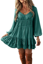 Mist Green Puff Sleeve Loose Fit Tiered Ruffle Mini Dress