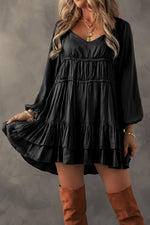 Mist Green Puff Sleeve Loose Fit Tiered Ruffle Mini Dress