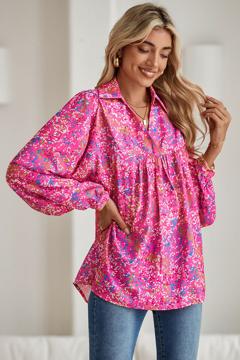 Bonbon Abstract Print Loose Fit Collared V Neck Babydoll Blouse