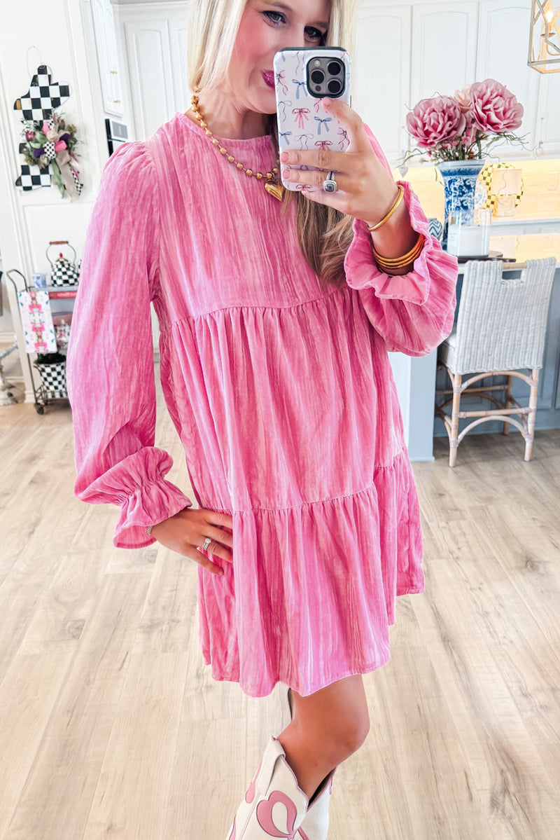 Strawberry Pink Flounce Sleeve Tiered Ruffled Velvet Mini Dress