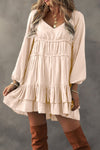 Mist Green Puff Sleeve Loose Fit Tiered Ruffle Mini Dress