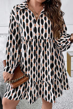 Apricot Abstract Print Collared V Neck Plus Size Mini Dress