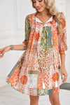 Orange Boho Paisley Mixed Print 3/4 Sleeve Chiffon Loose Dress