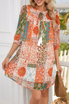 Orange Boho Paisley Mixed Print 3/4 Sleeve Chiffon Loose Dress