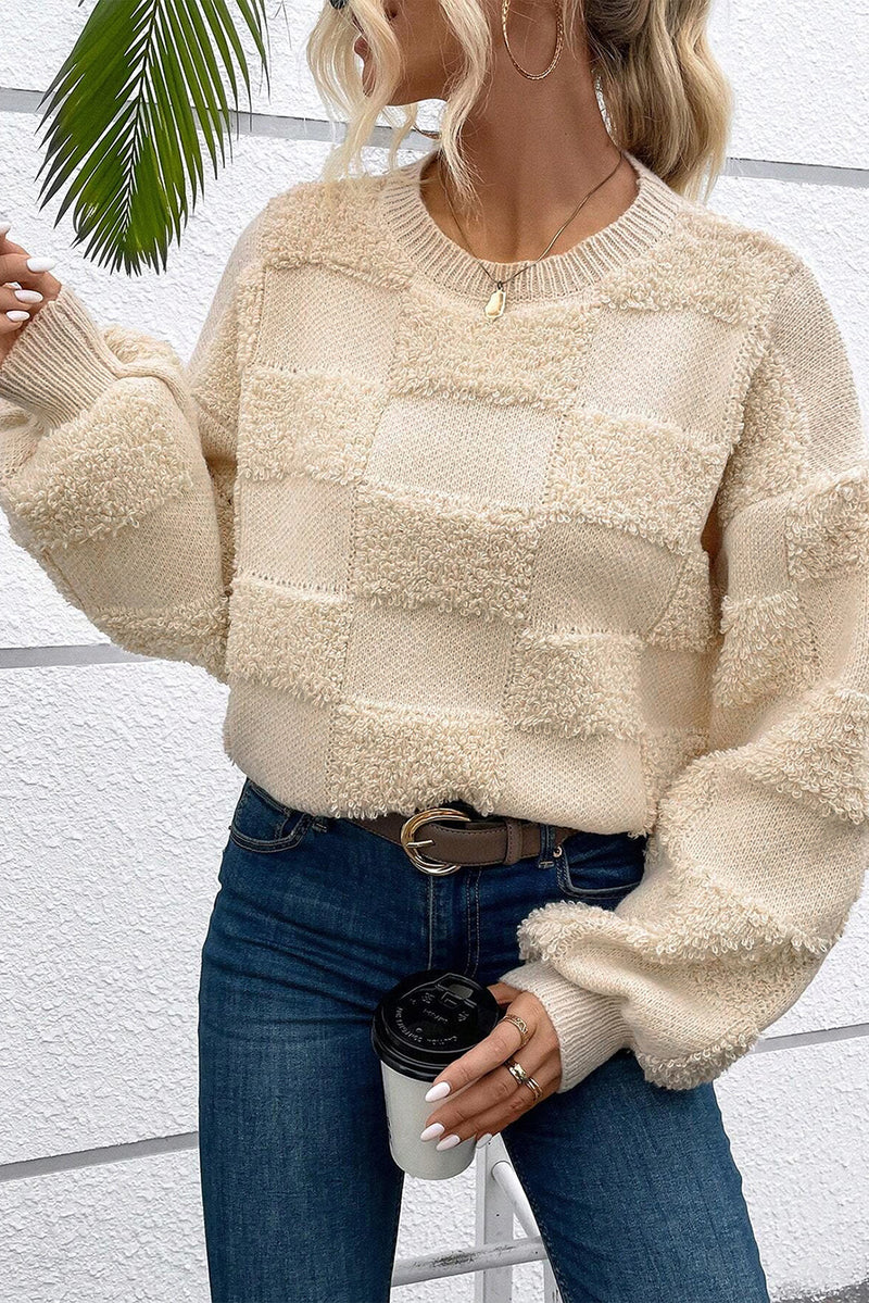 Parchment Checkered Sherpa Crew Neck Loose Sweater