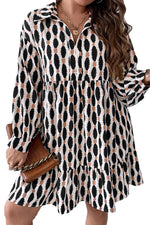 Apricot Abstract Print Collared V Neck Plus Size Mini Dress