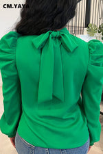 Women Bow Back Stand Neck Puff Long Sleeve Blouse