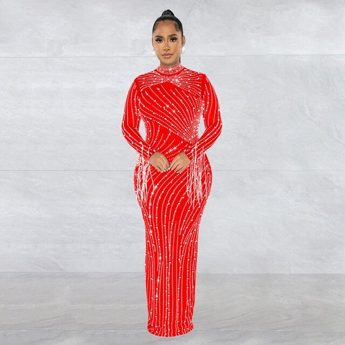 Women Mesh Tassel Long Sleeve Rhinestones Dresses