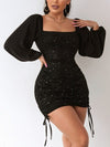 Glitter Black Mini Square Neck Backless Sexy Dresses