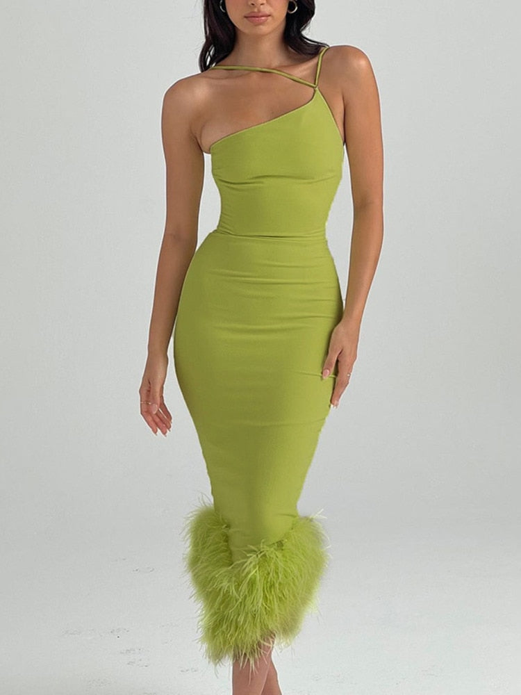 Elegant One Shoulder Feather Bottom Midi Summer Dress