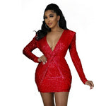 Best Quality Solid Sequins V neck Long Sleeve Dress