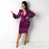 Satin Long Sleeve Midi Solid V Neck Sexy Dresses