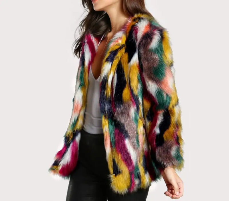 Contrast Multi color Faux Fur Coat 