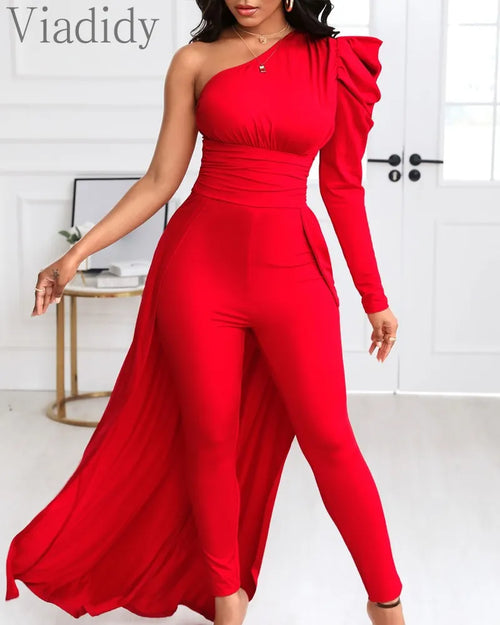 Red Puff Sleeve One Shoulder Long Sleeve Jumpsuits