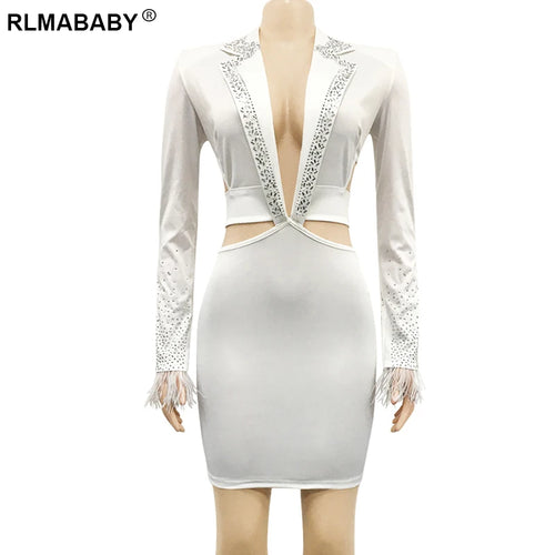 Fashion Sexy Diamond V Neck Long Sleeve Feather Dresses