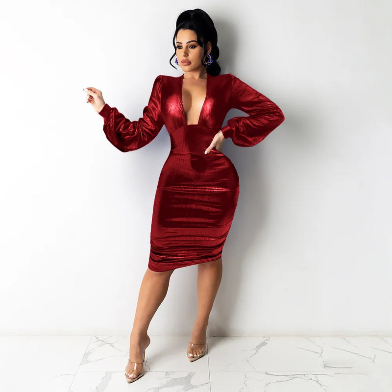 Satin Long Sleeve Midi Solid V Neck Sexy Dresses