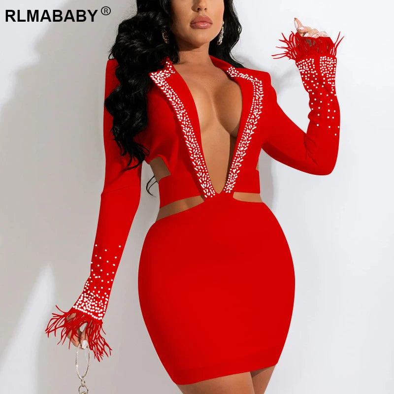 Sexy Diamond V Neck Long Sleeve Feather Dresses