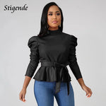 Women Long Sleeve Pu Leather Blouse