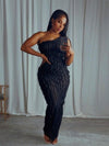 Elegant Draped Black Max Sexy One Shoulder See-Through Dress