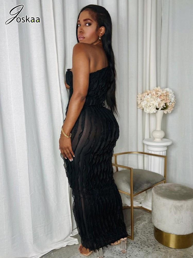 Elegant Draped Black Max Sexy One Shoulder See-Through Dress