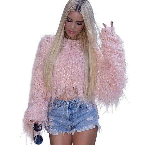 Women’s Knitted Tassel Pullover Solid Handmade  Sweaters Long Sleeve