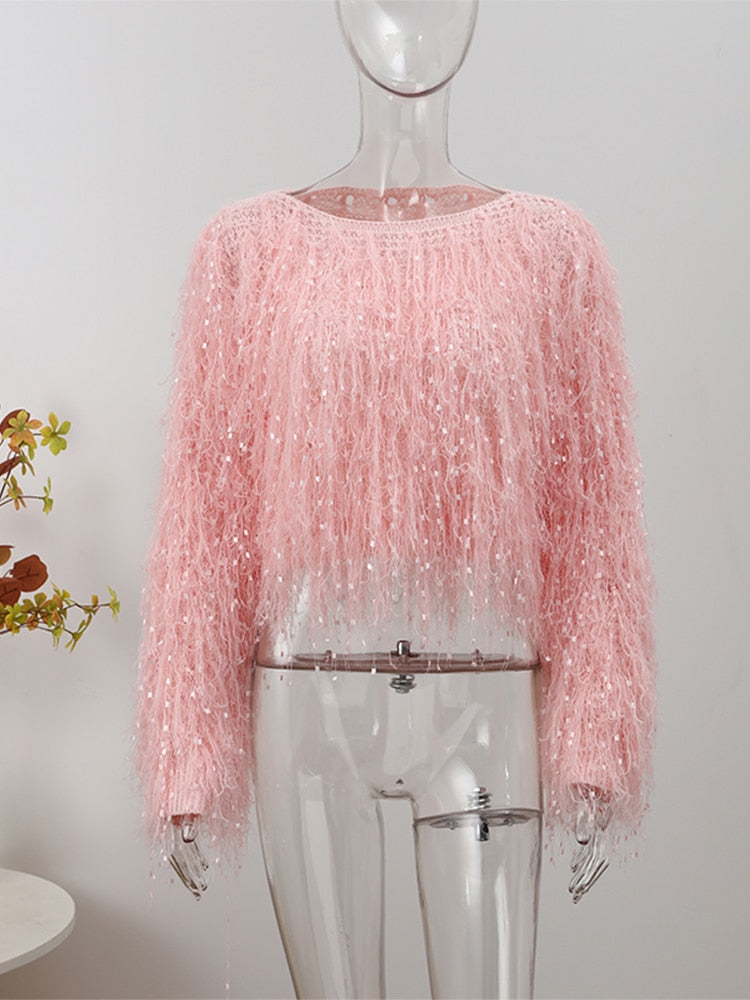 Knitted Tassel Pullover Solid Handmade  Sweaters