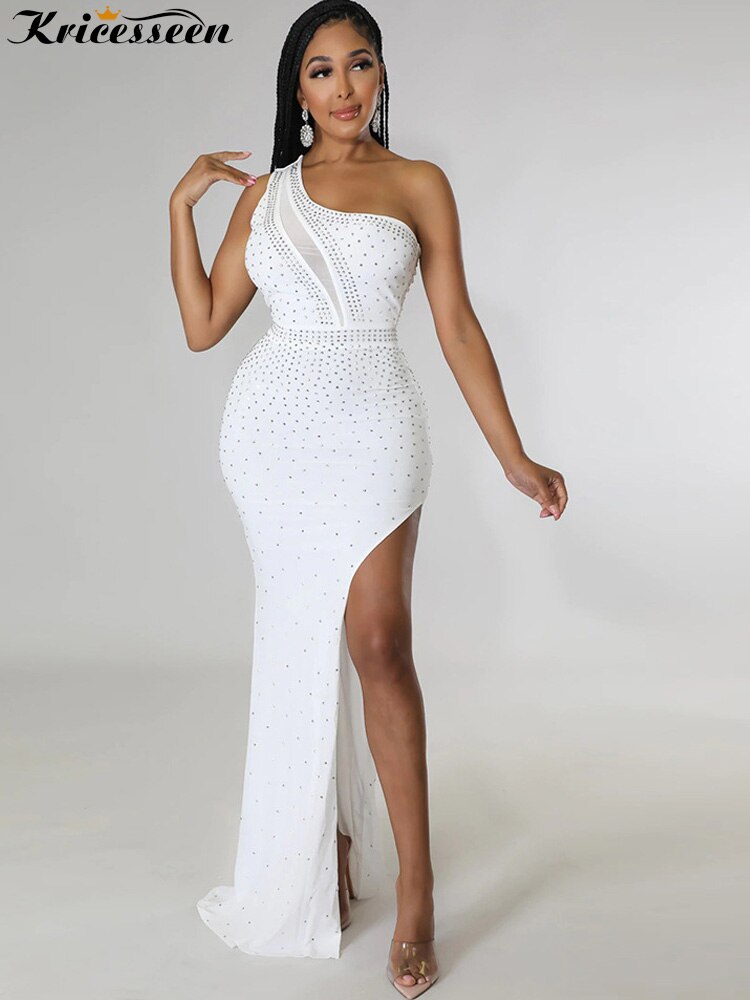 Sexy White Rhinestone Mesh Patchwork Maxi Dress