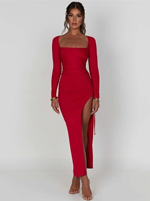 Sexy Ruched High Split Maxi Square Neck Dresses