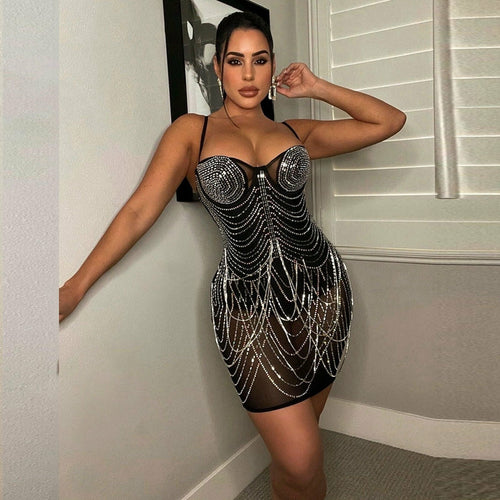 Sexy Rhinestone Mini Sparkly See-Through  Dress