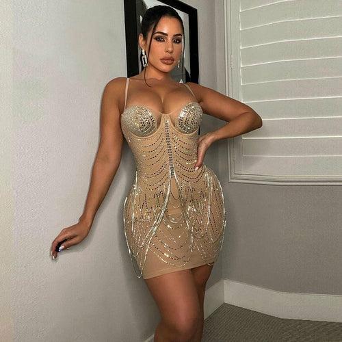 Sexy Rhinestone Mini Sparkly See-Through  Dress