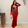 Women Diamonds Rhinestones Velvet Long Sleeve Mermaid Dresses