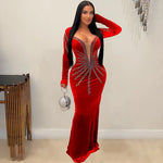 Women Diamonds Rhinestones Velvet Long Sleeve Mermaid Dresses