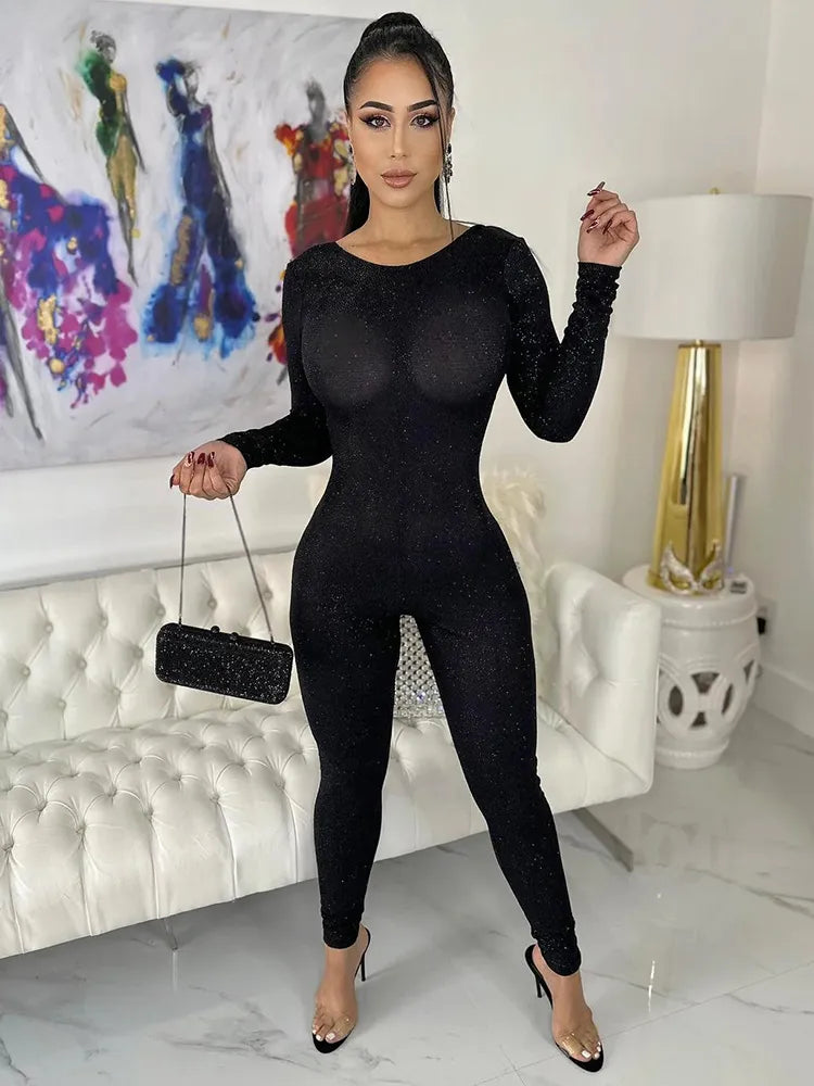  Long Sleeve Backless Stretch Glitter Jumpsuits 