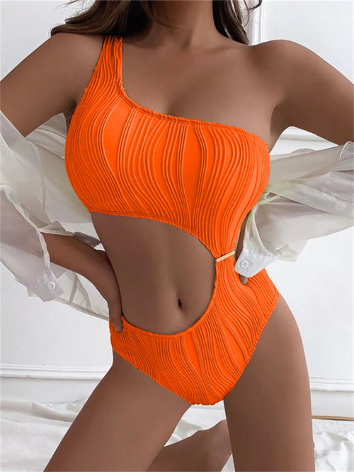 New Solid Ribbed One Shoulder One Piece Swimsuits