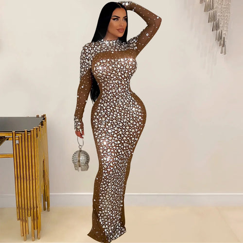 Women Long Sleeve Mesh Diamonds See Through Dresses