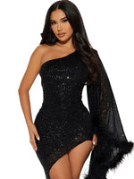 Sexy One Shoulder Sequin Feather Party Prom Bodycon Mini Dress