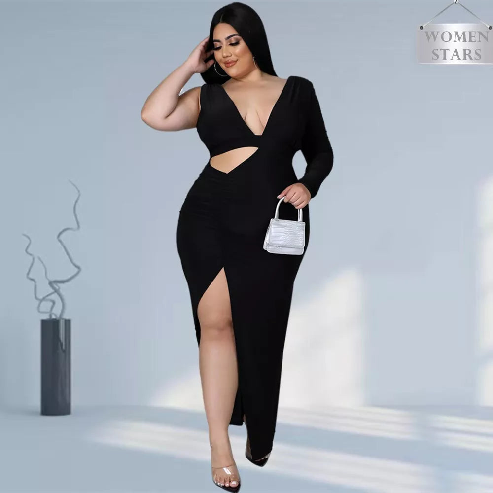 Sexy Curvy Hollow Out Solid  V Neck Elegant Dress